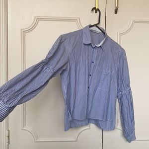 Zara blue and white striped shirt with gathered sleeves